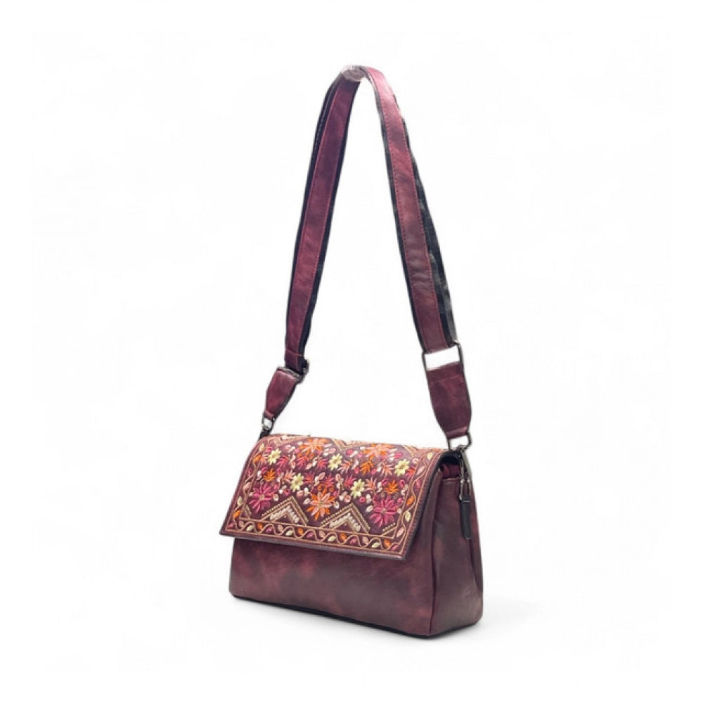 Generic Women's Polyurethane Floral Embroidered Crossbody Sling Bag with Adjustable & Removable Strap (Red)