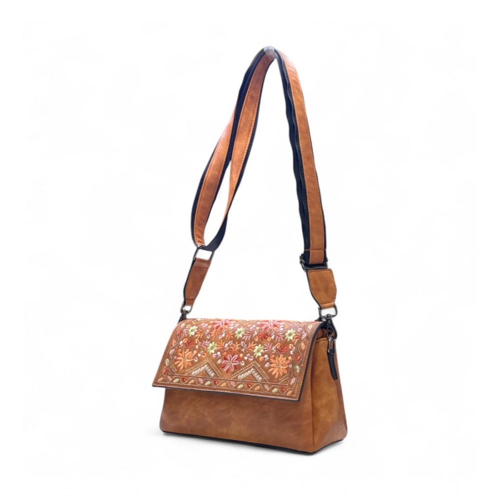 Generic Women's Polyurethane Floral Embroidered Crossbody Sling Bag with Adjustable & Removable Strap (Tan)