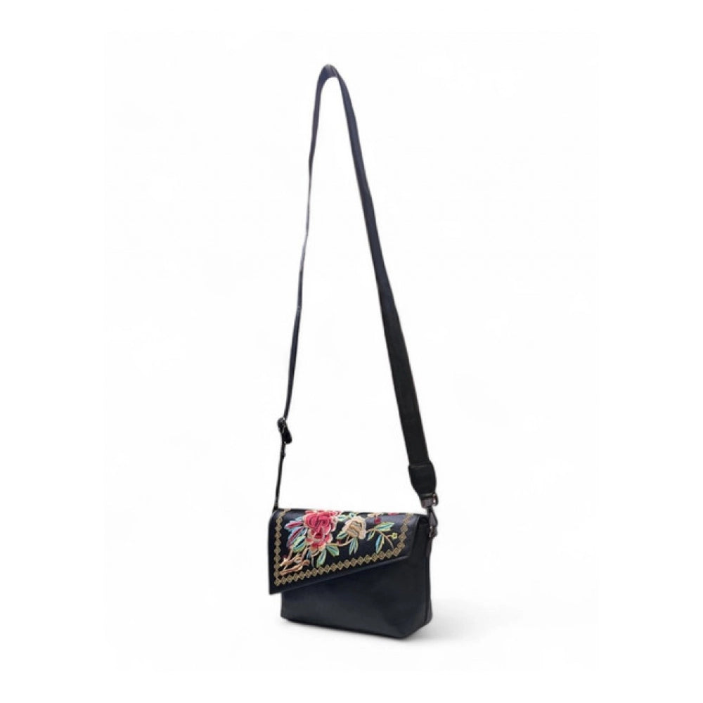 Generic Women's Polyurethane Floral Embroidered Crossbody Sling Bag with Adjustable & Removable Strap (Black)