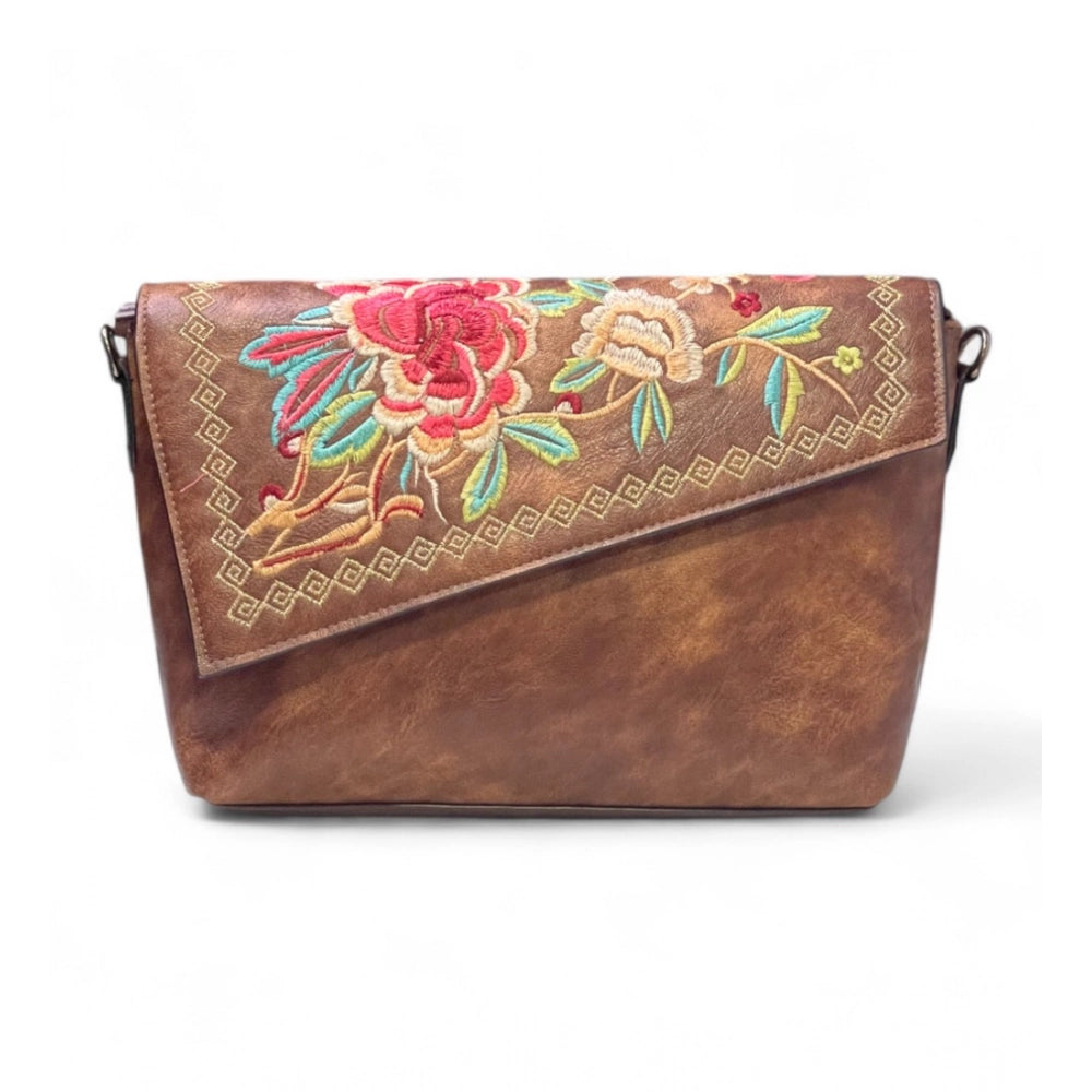 Generic Women's Polyurethane Floral Embroidered Crossbody Sling Bag with Adjustable & Removable Strap (Brown)