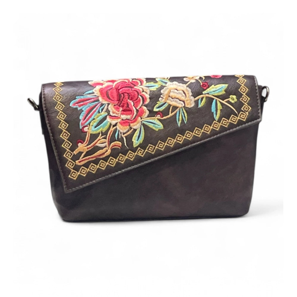 Generic Women's Polyurethane Floral Embroidered Crossbody Sling Bag with Adjustable & Removable Strap (Coffee)
