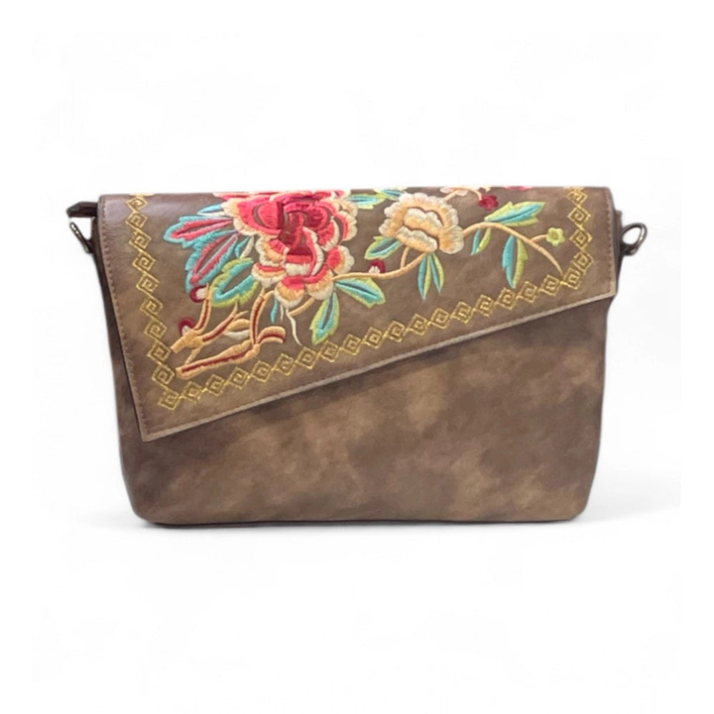 Generic Women's Polyurethane Floral Embroidered Crossbody Sling Bag with Adjustable & Removable Strap (Dark Brown)