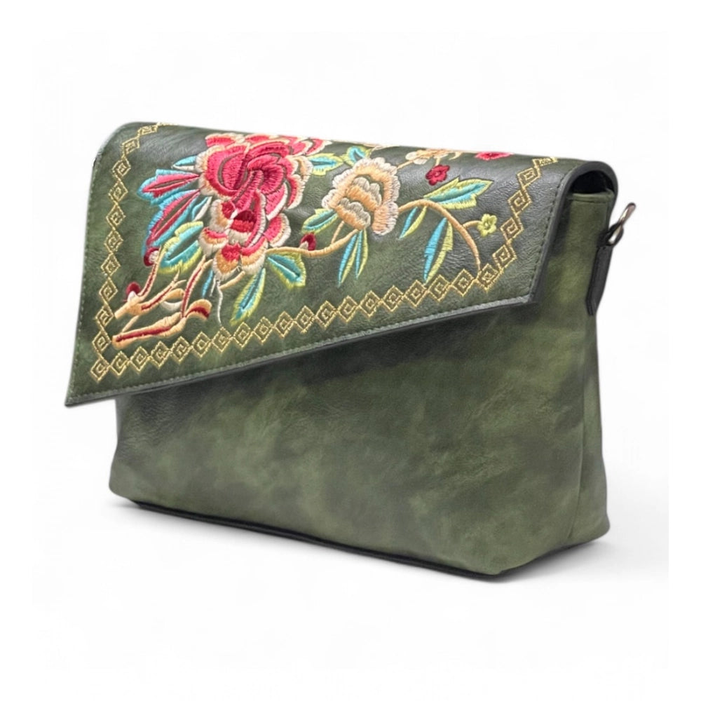 Generic Women's Polyurethane Floral Embroidered Crossbody Sling Bag with Adjustable & Removable Strap (Green)
