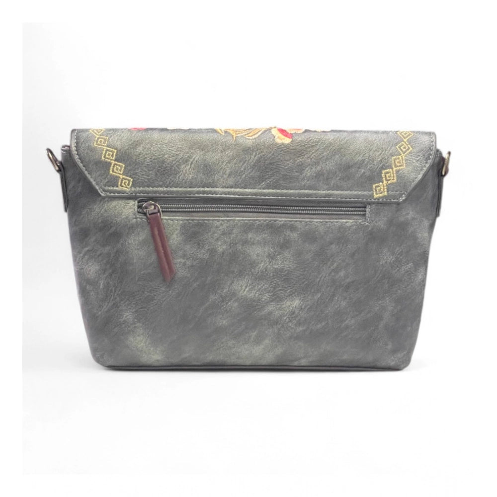 Generic Women's Polyurethane Floral Embroidered Crossbody Sling Bag with Adjustable & Removable Strap (Grey)