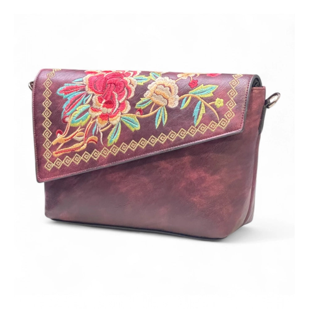 Generic Women's Polyurethane Floral Embroidered Crossbody Sling Bag with Adjustable & Removable Strap (Red)