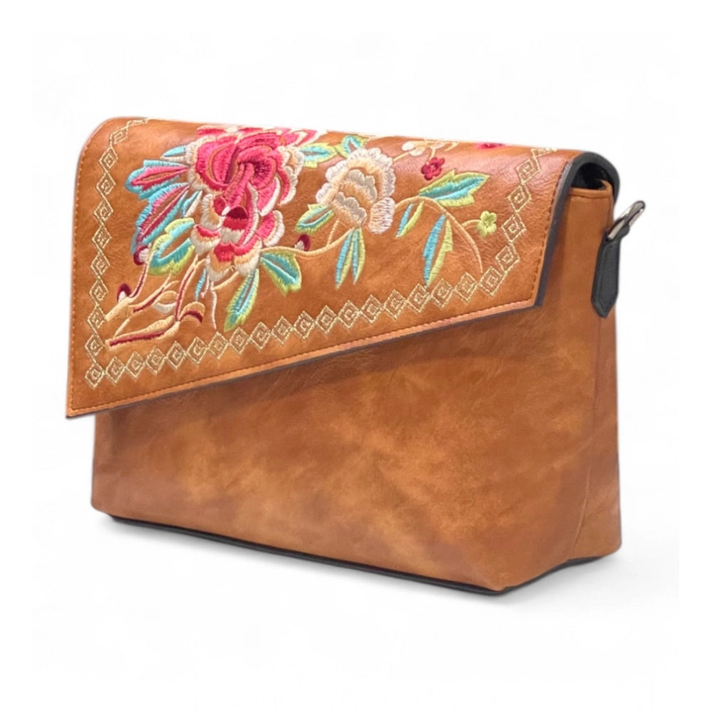 Generic Women's Polyurethane Floral Embroidered Crossbody Sling Bag with Adjustable & Removable Strap (Tan)