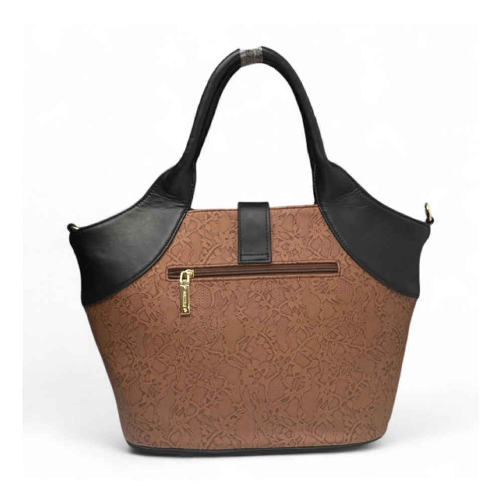 Generic Women's Polyurethane Textured Two-Tone Tote Handbag with Adjustable & Removable Strap (Brown)