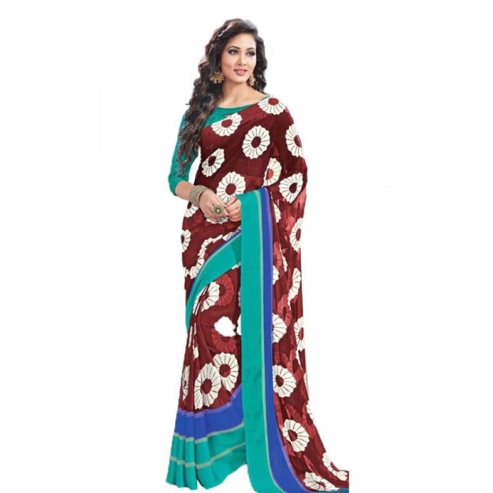 Amfyn Womens Geogrette Saree with Blouse Digital Printed Saree (Brown, 6.25 Mtr)