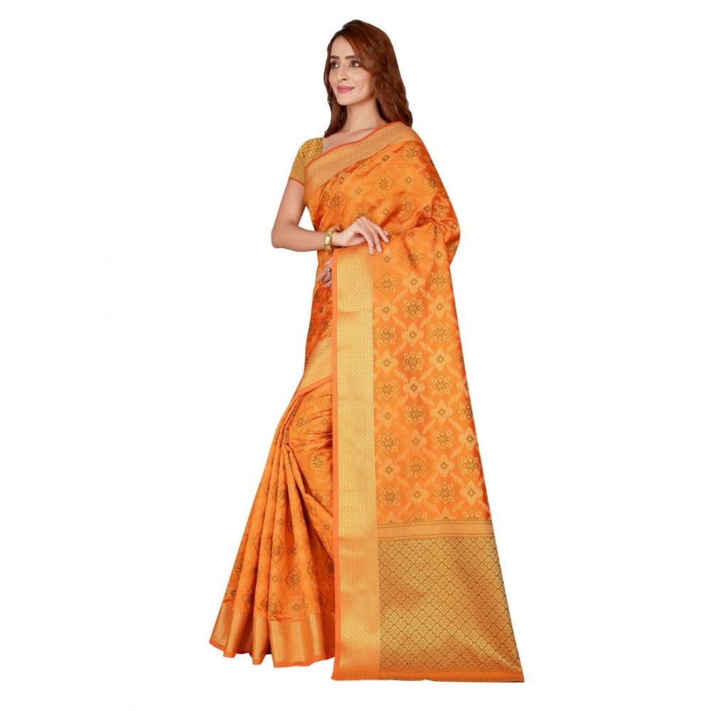 Amfyn Women's Kanjivaram Silk Saree with Blouse (Yellow, 5-6 Mtrs)