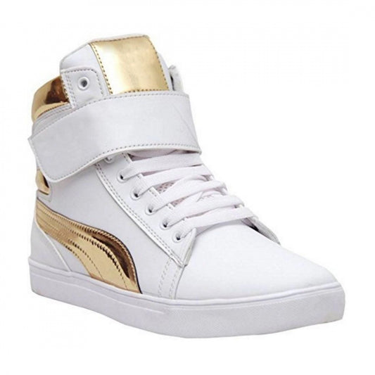 Amfyn Men's White,Gold Color Synthetic Material Casual Sneakers