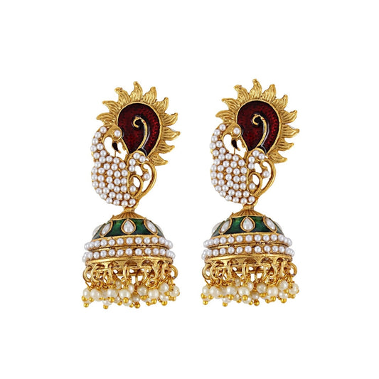 Fashion Women's Stylish Pearl Hook Dangler Hanging Jhumki Earrings-Golden