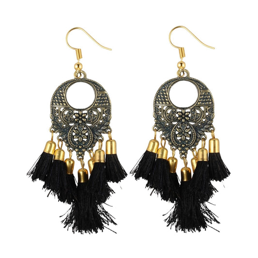 Fashion Women's Gold Plated Hook Dangler Hanging Tassel Earrings-Black