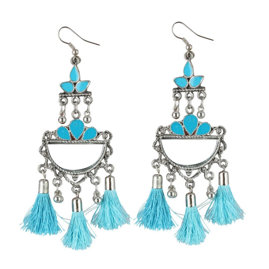 Amfyn Women's Oxidized Silver plated Firoji Tassels Earrings-silver, Blue