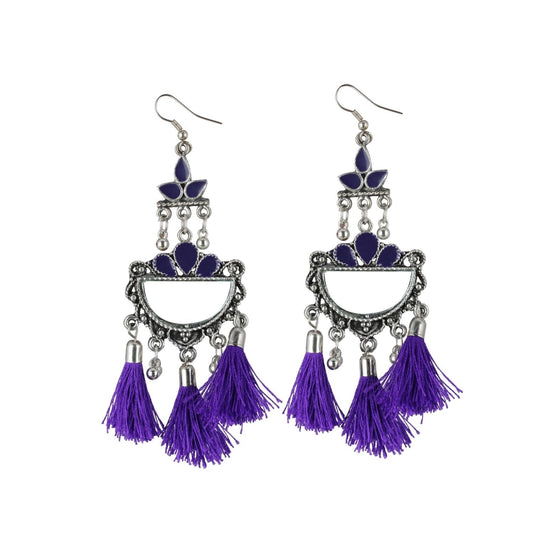 Amfyn Women's Silver Plated Afgani Tassel Earrings-Purple