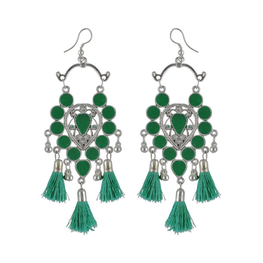 Fashion Women's Silver Plated Afgani Tassel Earrings-Green
