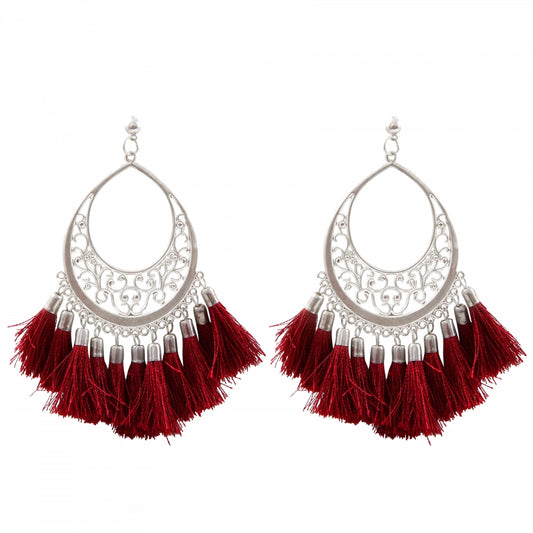 Fashion Women's Silver Plated Hook Dangler Hanging Tasseks Earrings-Maroon