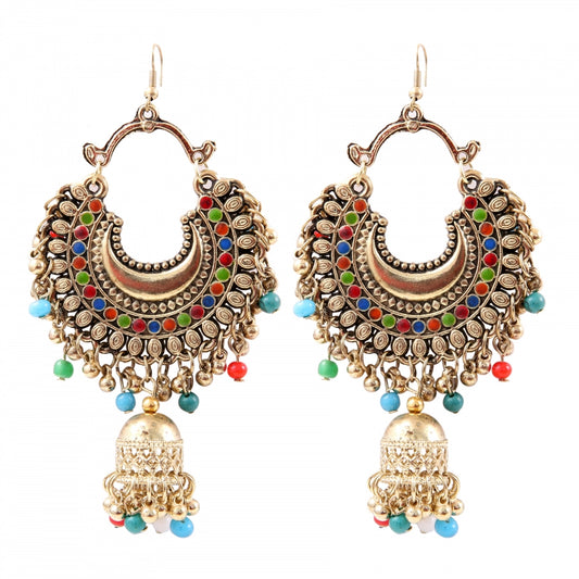 Fashion Women's Oxidized Gold plated Hook Dangler Hanging Jhumki Earrings-Multicolour