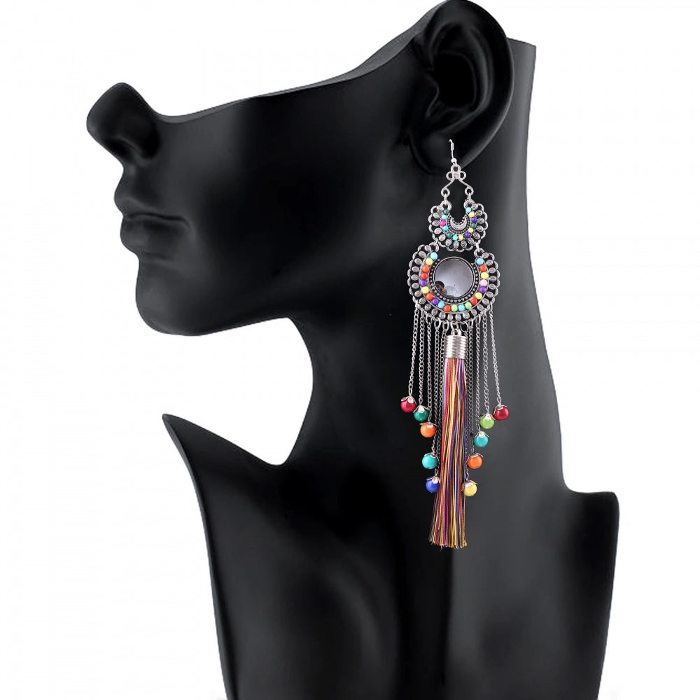 Fashion Women's Silver Oxidized Hook Dangler Hanging Fashion Earrings-Multicolour