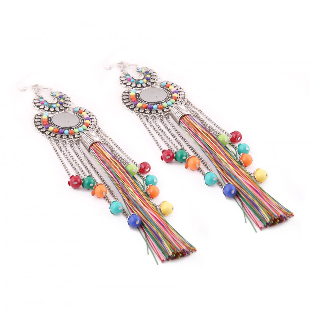 Fashion Women's Silver Oxidized Hook Dangler Hanging Fashion Earrings-Multicolour