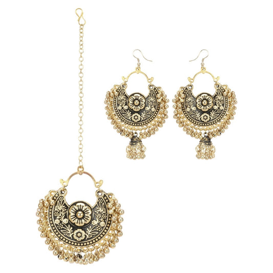 Fashion Women's Gold Oxidized Earrings and Maang Tikka-Black