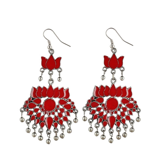 Fashion Women's Onyx Stone, Silver plated Hook Dangler Hanging Fashion Earrings-Red