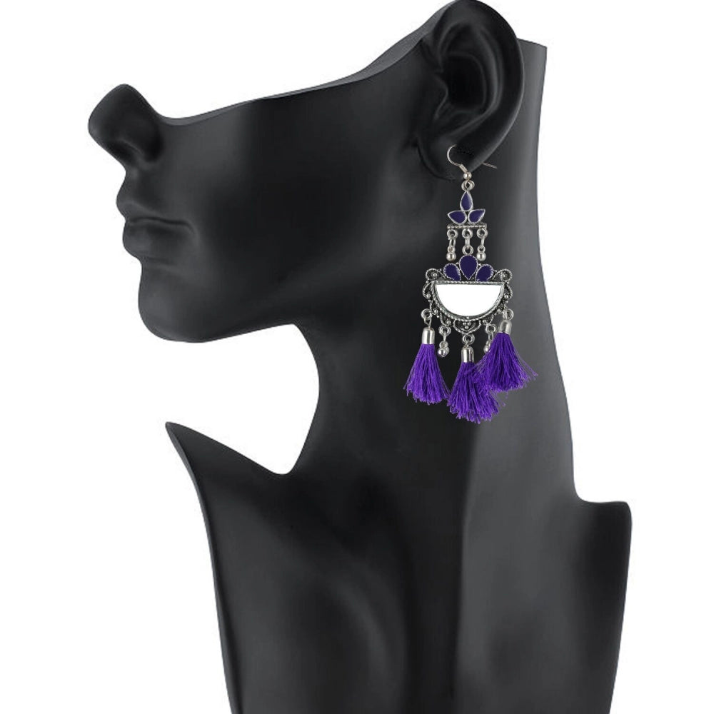 Amfyn Women's Silver Plated Afgani Tassel Earrings-Purple