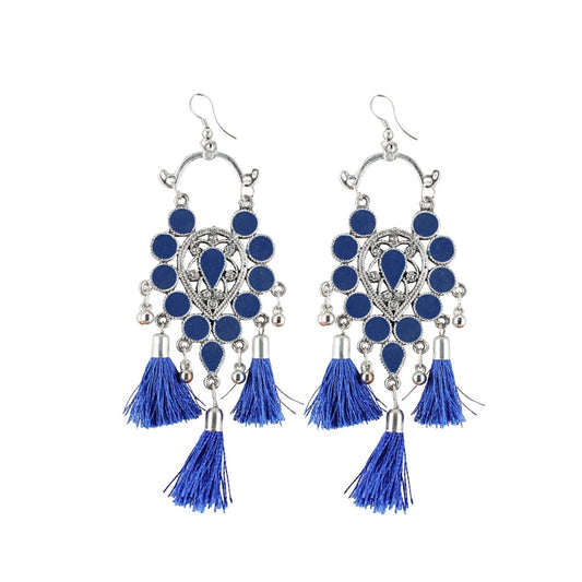 Fashion Women's Silver Plated Afgani Tassel Earrings-Blue