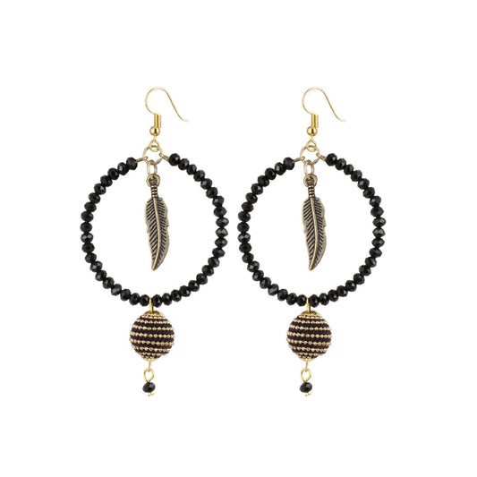 Fashion Women's Alloy Leaf Design Tassel Earrings-Black