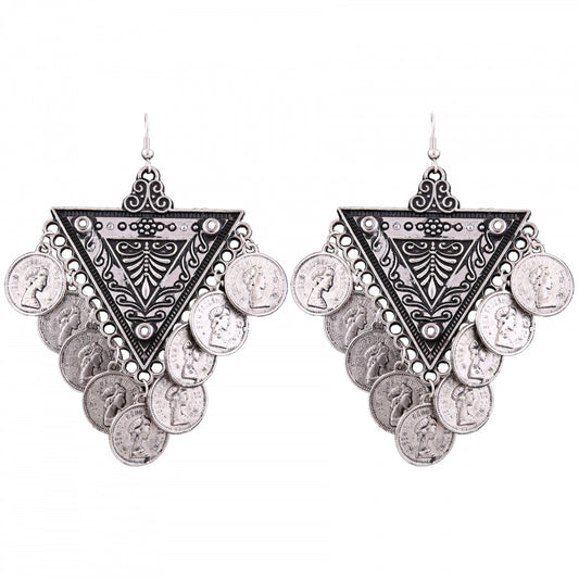 Fashion Women's Silver Oxidized Hook Dangler Hanging Afgani Tribal Fancy Earrings-Silver