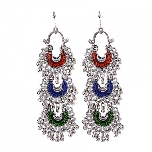 Fashion Women's Silver Oxidized Hook Dangler Hanging Fashion Earrings-Multicolour
