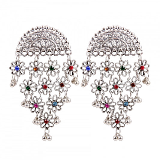 Fashion Women's Silver Plated Hook Dangler Hanging Statement Earrings-Multicolour