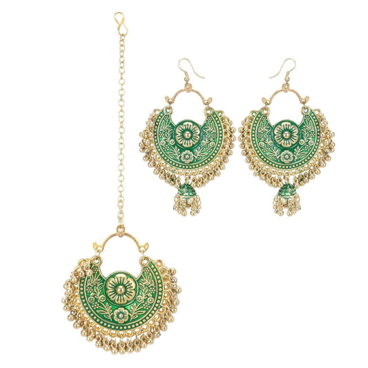 Fashion Women's Gold Oxidized Earrings and Maang Tikka-Green