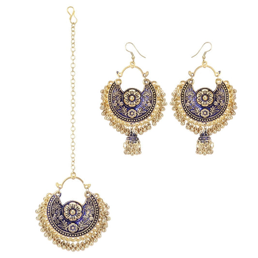 Fashion Women's Gold Oxidized Earrings and Maang Tikka-Blue
