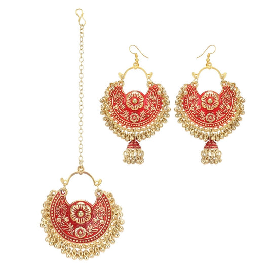 Fashion Women's Gold Oxidized Earrings and Maang Tikka-Red