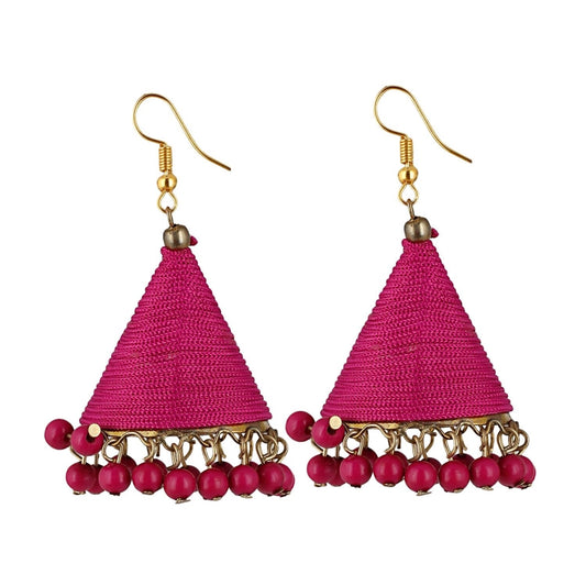 Fashion Women's Thread Hook Dangler Hanging Jhumki Earrings-Pink