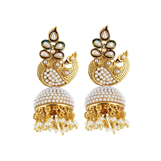 Fashion Women's Stylish Pearl Hook Dangler Hanging Jhumki Earrings-Golden