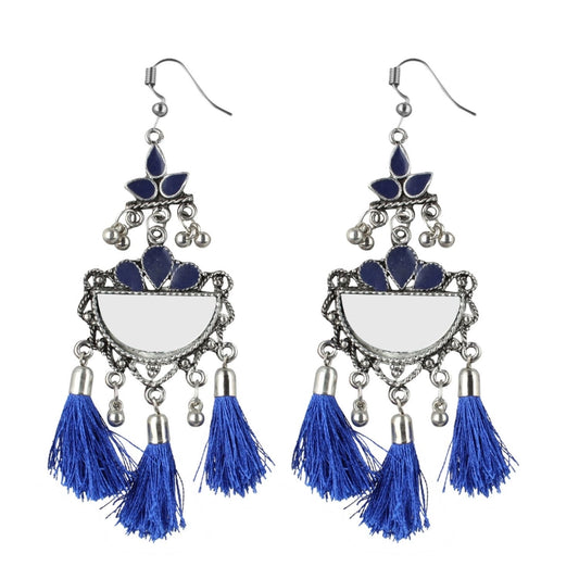Fashion Women's Silver Plated Afgani Tassel Earrings-Blue