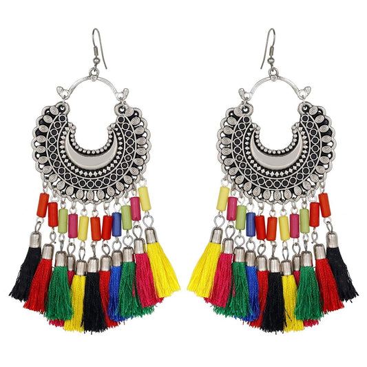 Fashion Women's Silver Oxidized Hook Dangler Hanging Afgani Earrings-Silver