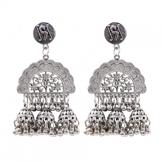 Fashion Women's Silver Plated Hook Dangler Hanging Jhumki Earrings-Silver