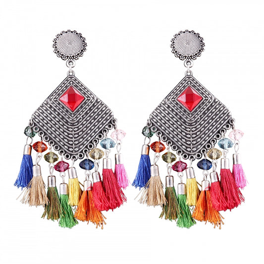 Fashion Women's Silver Oxidized Hook Dangler Hanging Fashion Earrings-Multicolour