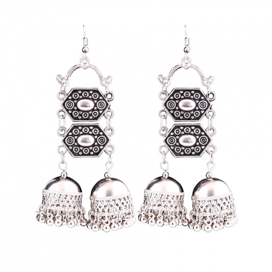 Fashion Women's Silver Oxidized Hook Dangler Hanging Afgani Tribal Fancy Earrings-Silver