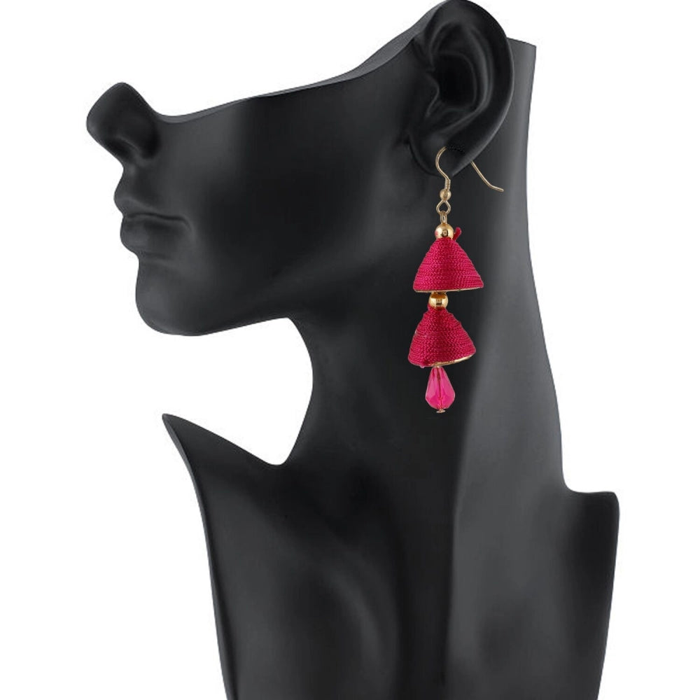 Fashion Women's Thread Hook Dangler Hanging Jhumki Earrings-Pink