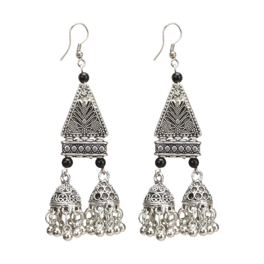 Fashion Women's Oxidized Silver plated Hook Dangler Hanging Afgani Earrings-Silver