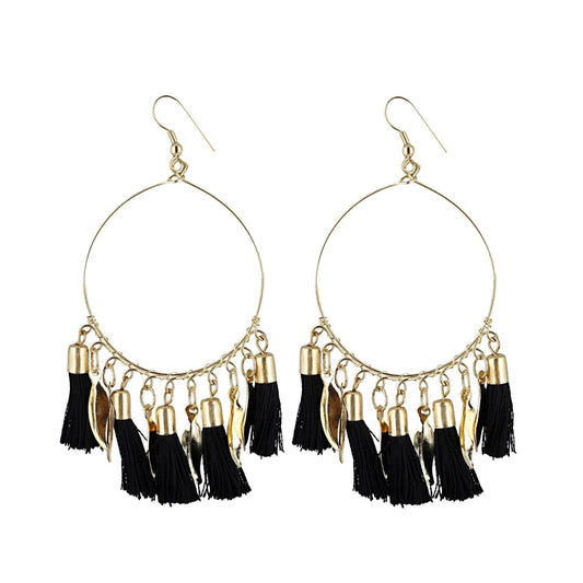 Fashion Women's Alloy Hook Dangler Hanging Bali Style Tassel Earrings-Black