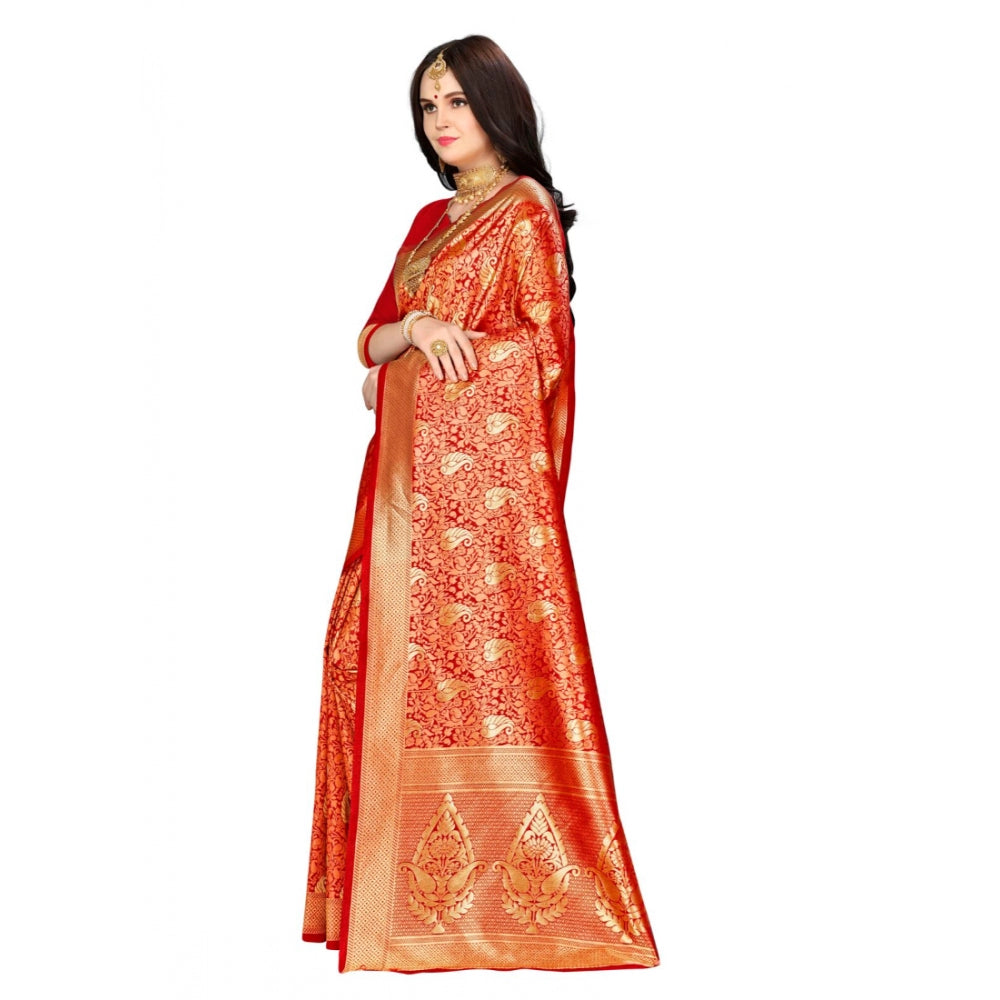 Amfyn Women's Banarasi silk Saree with Blouse (Red, 5-6mtr)