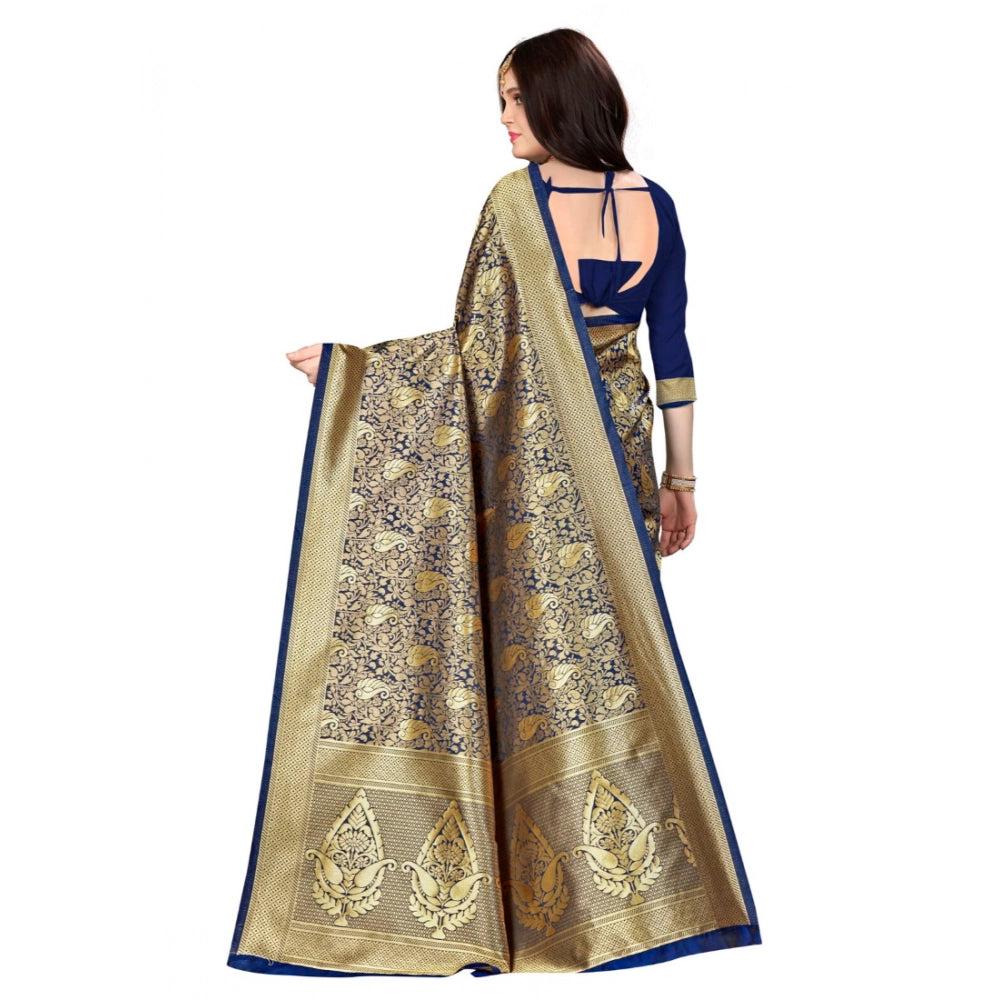 Amfyn Women's Banarasi silk Saree with Blouse (Navy blue, 5-6mtr)