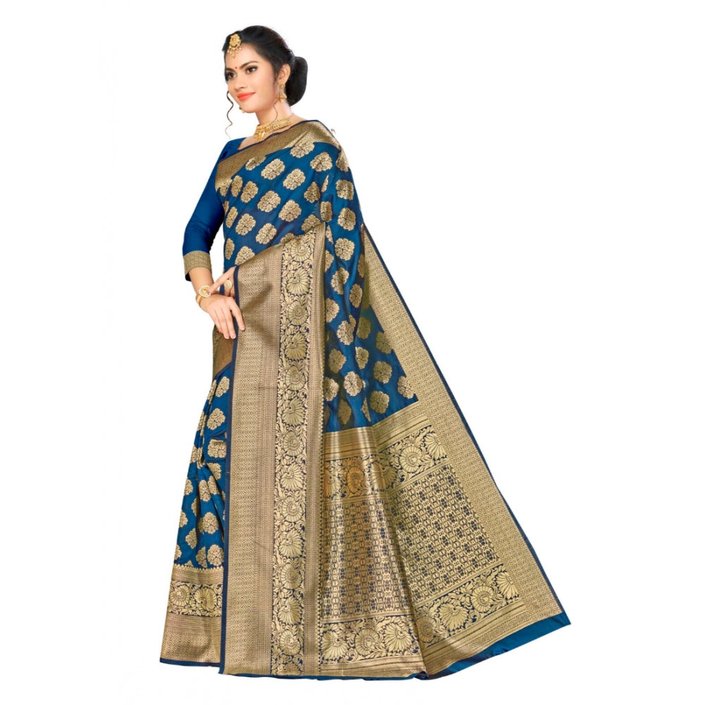 Amfyn Women's Banarasi silk Saree with Blouse (Navy blue, 5-6mtr)