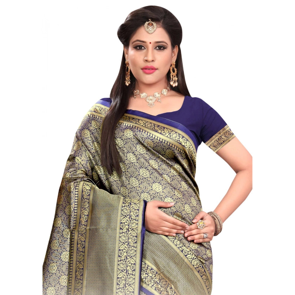 Amfyn Women's Banarasi silk Saree with Blouse (Navy blue, 5-6mtr)