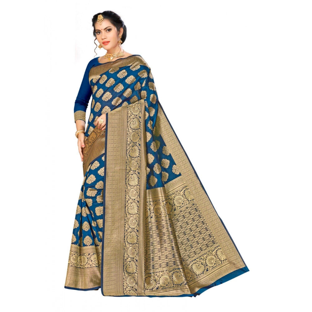 Amfyn Women's Banarasi silk Saree with Blouse (Navy blue, 5-6mtr)