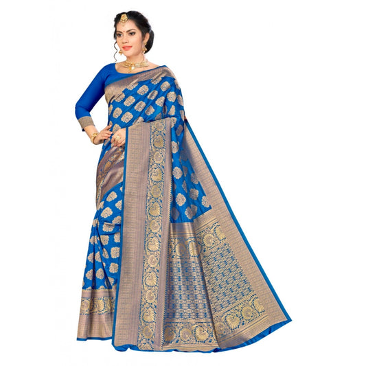Amfyn Women's Banarasi silk Saree with Blouse (Blue, 5-6mtr)